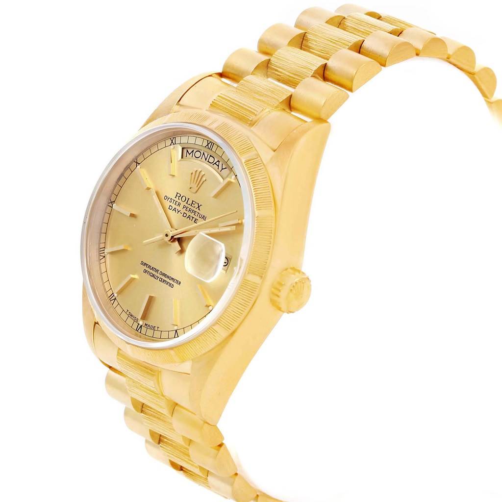 The image shows a side angle of the Rolex President 18078 Men's Yellow Gold Champagne Dial 18078 Men's Yellow Gold Champagne Dial model watch, highlighting the dial, crown, and bracelet.