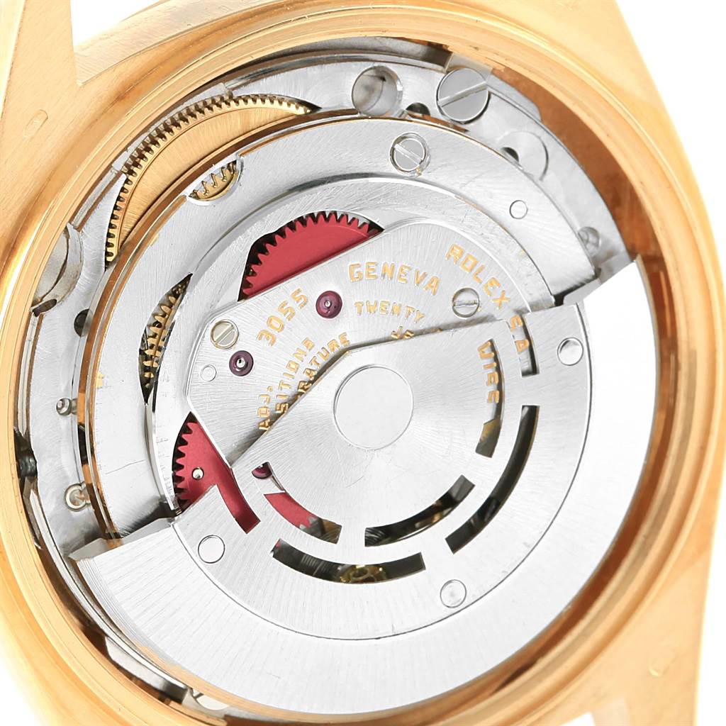 The image shows the inner mechanical movement of a Rolex President 18078 Men's Yellow Gold White Dial 18078 Men's Yellow Gold White Dial model watch, viewed from the back.