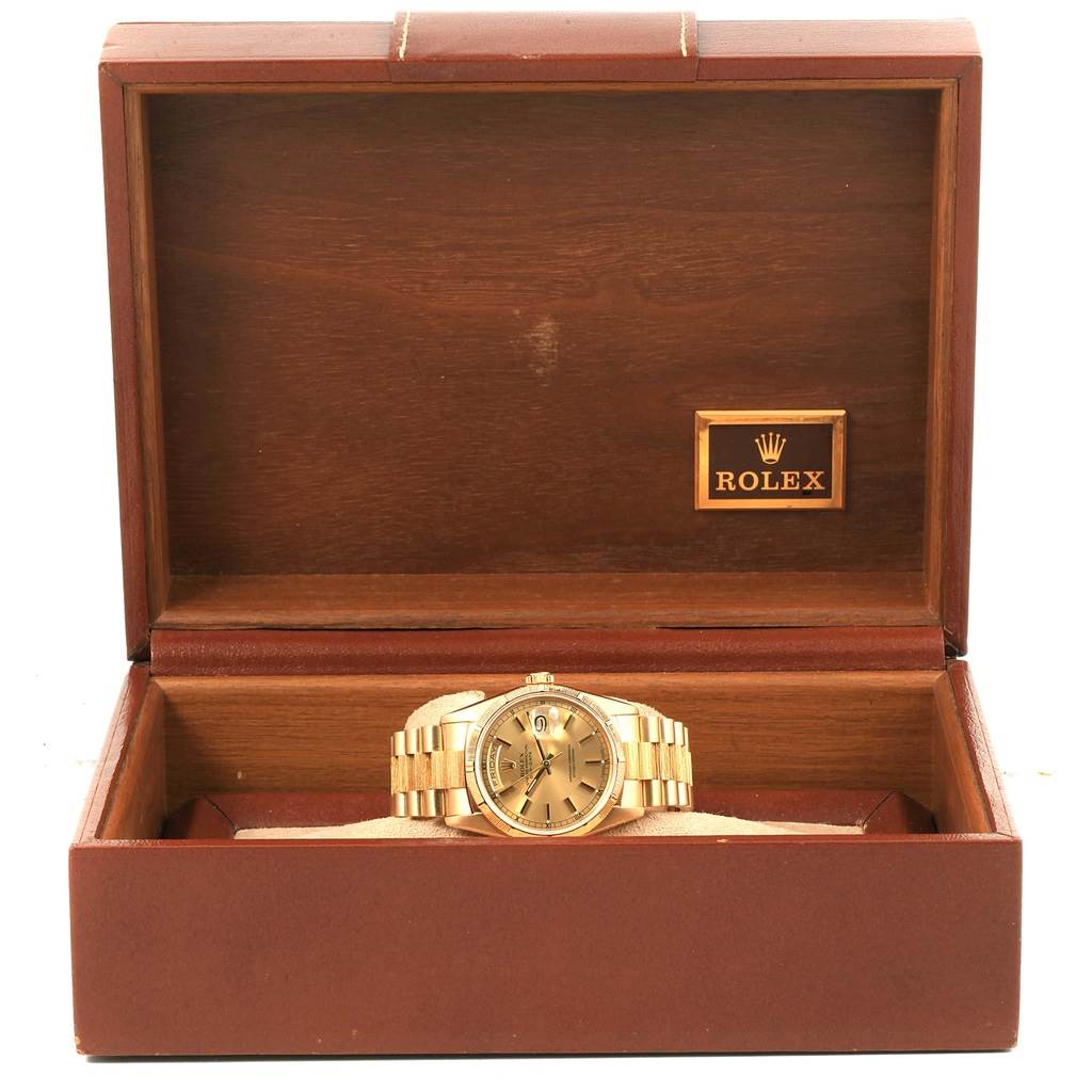 The image shows a Rolex President 18248 Men's Yellow Gold Champagne Dial 18248 Men's Yellow Gold Champagne Dial model watch displayed inside its opened wooden box.