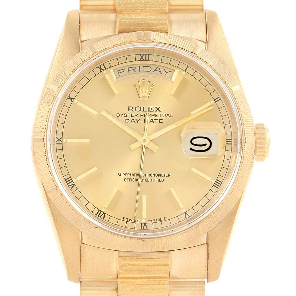 This image shows a close-up of a Rolex President 18248 Men's Yellow Gold Champagne Dial 18248 Men's Yellow Gold Champagne Dial model watch, highlighting the dial, bezel, crown, and part of the bracelet.