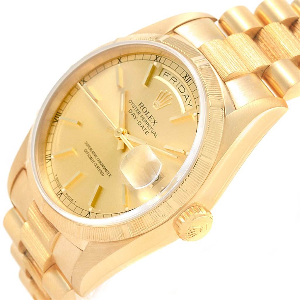 The image shows a close-up angle of the Rolex President 18248 Men's Yellow Gold Champagne Dial 18248 Men's Yellow Gold Champagne Dial model, highlighting its dial, bezel, crown, and part of the bracelet.