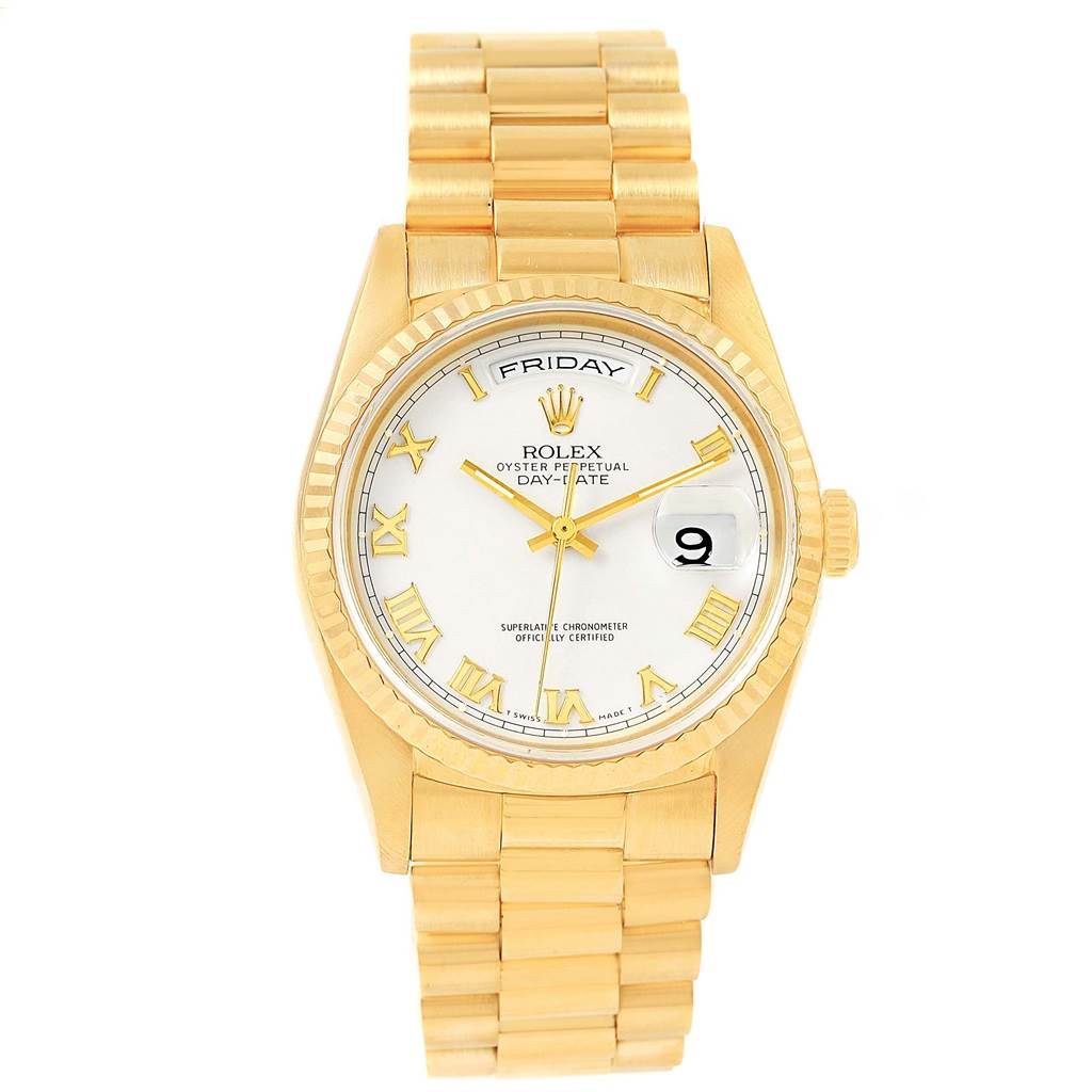 The image shows a front view of the Rolex President 18238 Men's Yellow Gold White Dial 18238 Men's Yellow Gold White Dial model watch, showcasing its dial, bezel, bracelet, and crown.