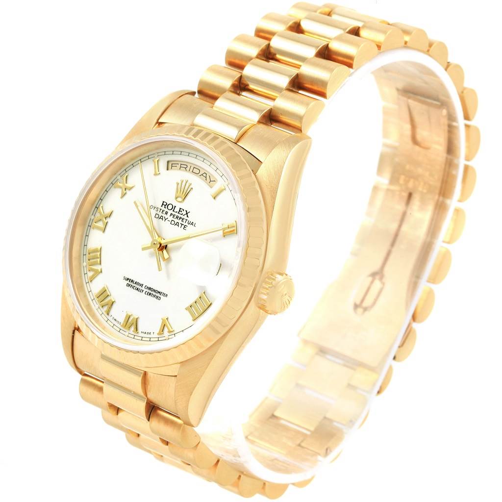 This is a President model by Rolex shown at an angled side view, displaying the dial and part of the bracelet.