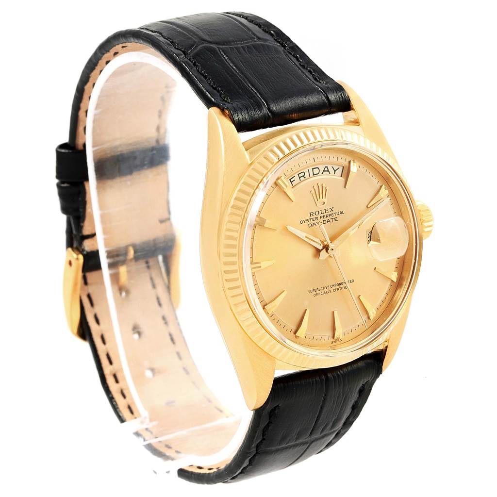 The image shows a Rolex President 1803 Men's Yellow Gold Champagne Dial 1803 Men's Yellow Gold Champagne Dial model watch from an angled front view, highlighting its dial, case, and leather strap.