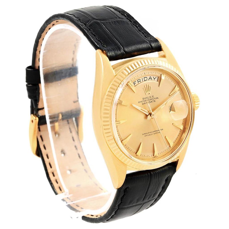 Rolex President Day-Date 18k Yellow Gold Black Strap Mens Watch 1803 SwissWatchExpo