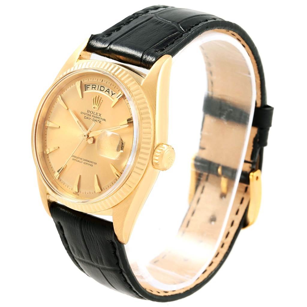 This image shows a side angle of the Rolex President 1803 Men's Yellow Gold Champagne Dial 1803 Men's Yellow Gold Champagne Dial model watch, highlighting the gold case, crown, dial, and black leather strap.