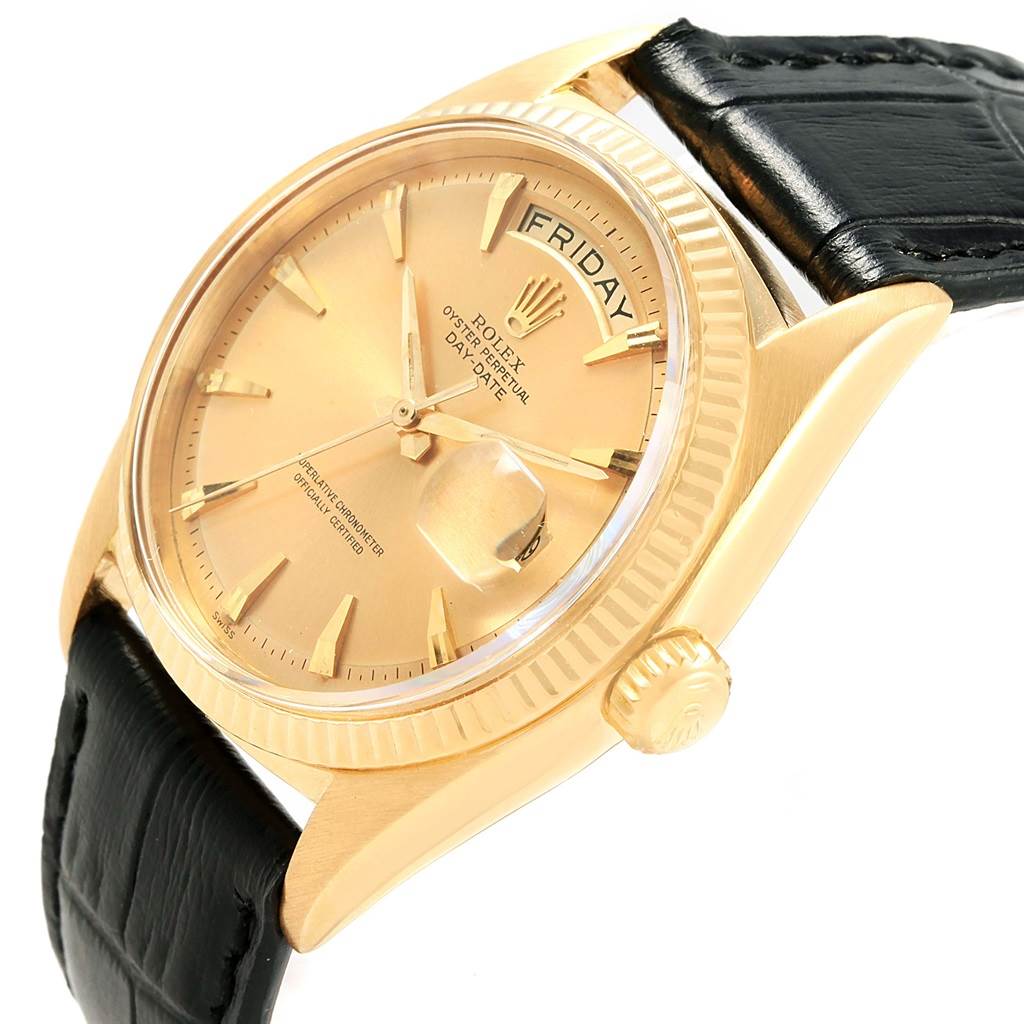 This image shows the Rolex President 1803 Men's Yellow Gold Champagne Dial 1803 Men's Yellow Gold Champagne Dial model watch from a front angle, highlighting the dial, crown, and leather strap.