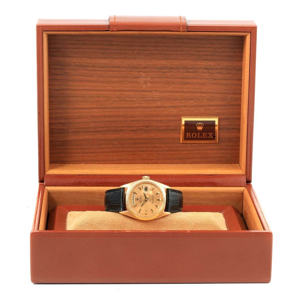 The image shows a Rolex President 1803 Men's Yellow Gold Champagne Dial 1803 Men's Yellow Gold Champagne Dial model watch front view, displayed inside its open wooden box.
