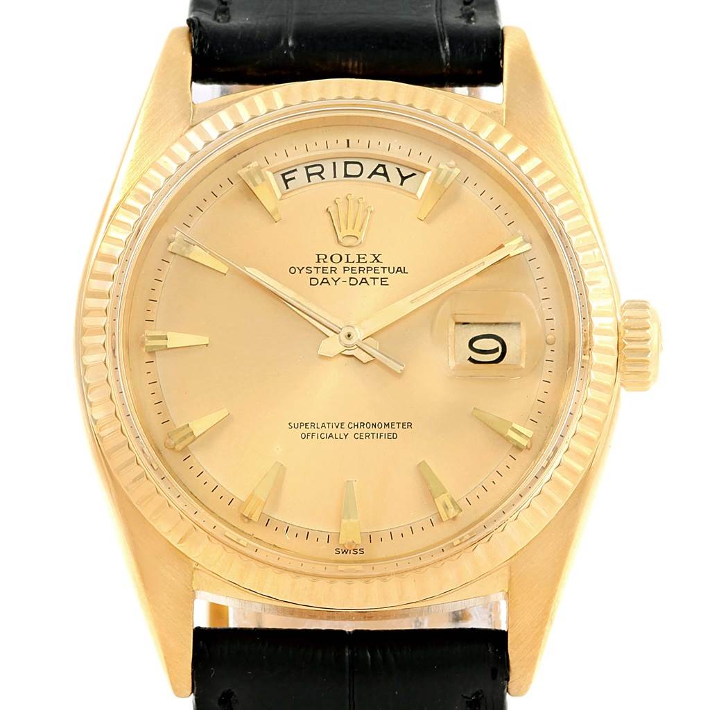 The image shows a front view of a Rolex President 1803 Men's Yellow Gold Champagne Dial 1803 Men's Yellow Gold Champagne Dial Oyster Perpetual Day-Date watch, displaying its dial, bezel, crown, and part of the strap.