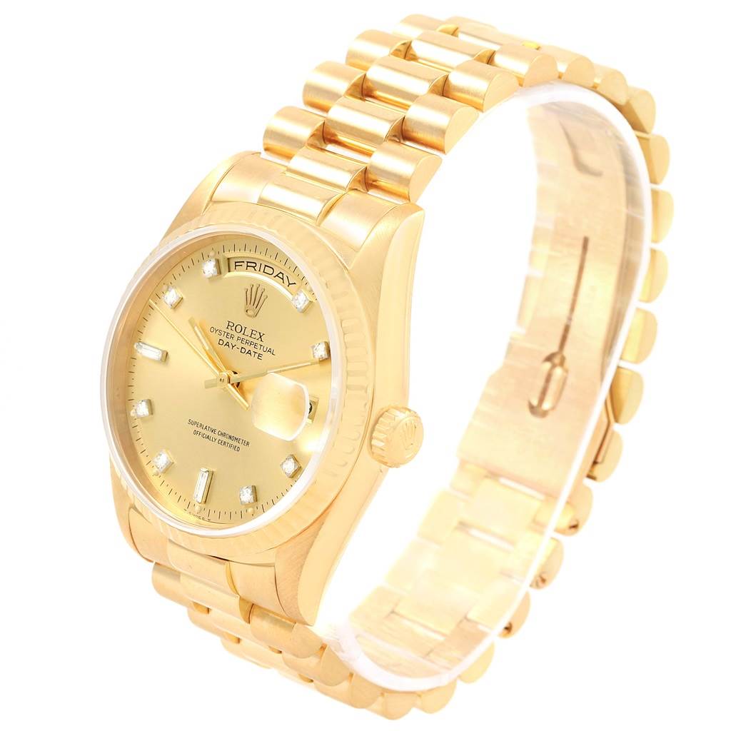 The image shows a gold Rolex President 18238 Men's Yellow Gold Champagne Dial 18238 Men's Yellow Gold Champagne Dial model watch at a three-quarter angle, displaying the dial, bezel, and bracelet.