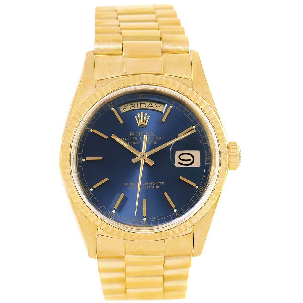The image shows a frontal view of a Rolex President 18038 Men's Yellow Gold Blue Dial 18038 Men's Yellow Gold Blue Dial watch model, featuring its gold case, blue dial, and day-date display.