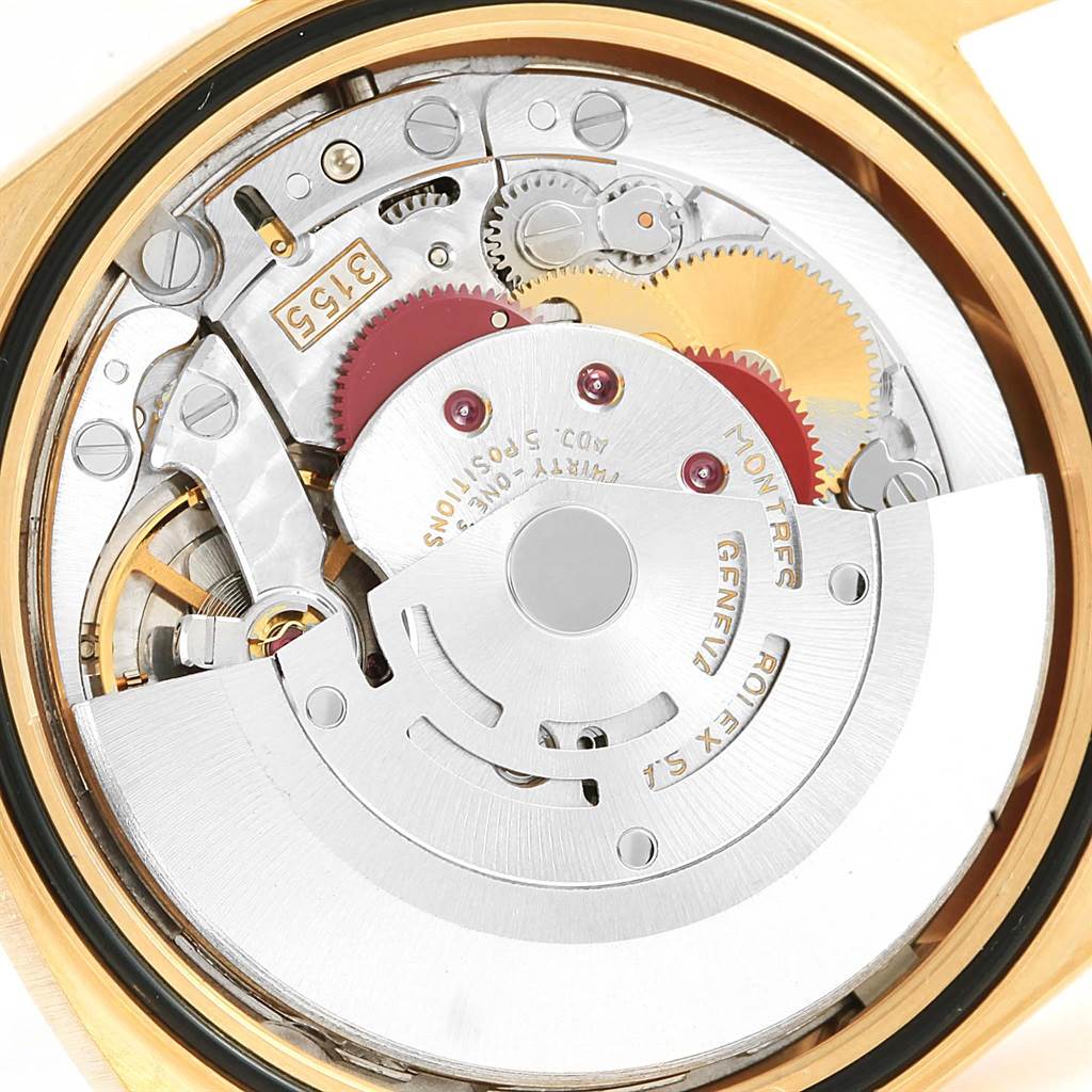 This image shows the interior mechanism of a Rolex President 18238 Men's Stainless Steel Champagne Dial 18238 Men's Stainless Steel Champagne Dial model watch from the back angle.