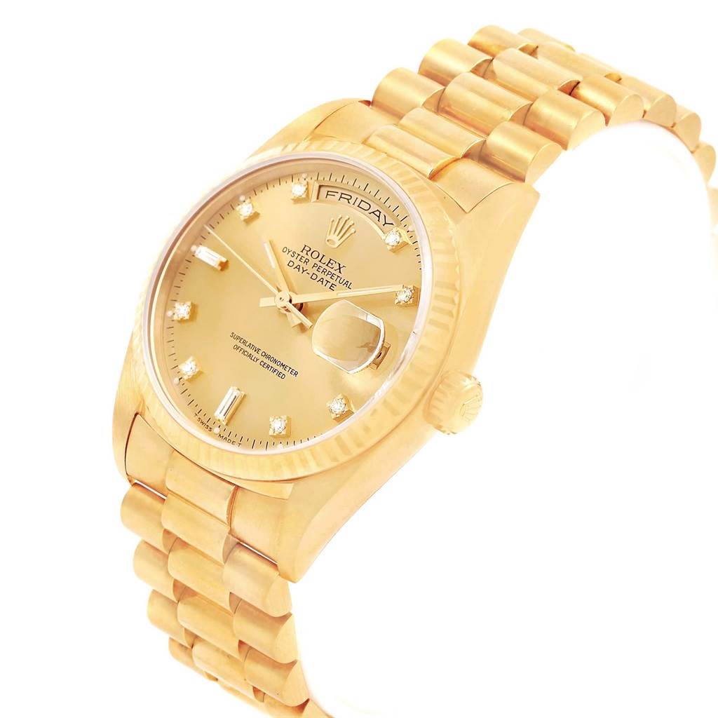 The image shows a Rolex President 18238 Men's Stainless Steel Champagne Dial 18238 Men's Stainless Steel Champagne Dial model watch at a 3 o'clock angle, highlighting its dial, bracelet, and crown.