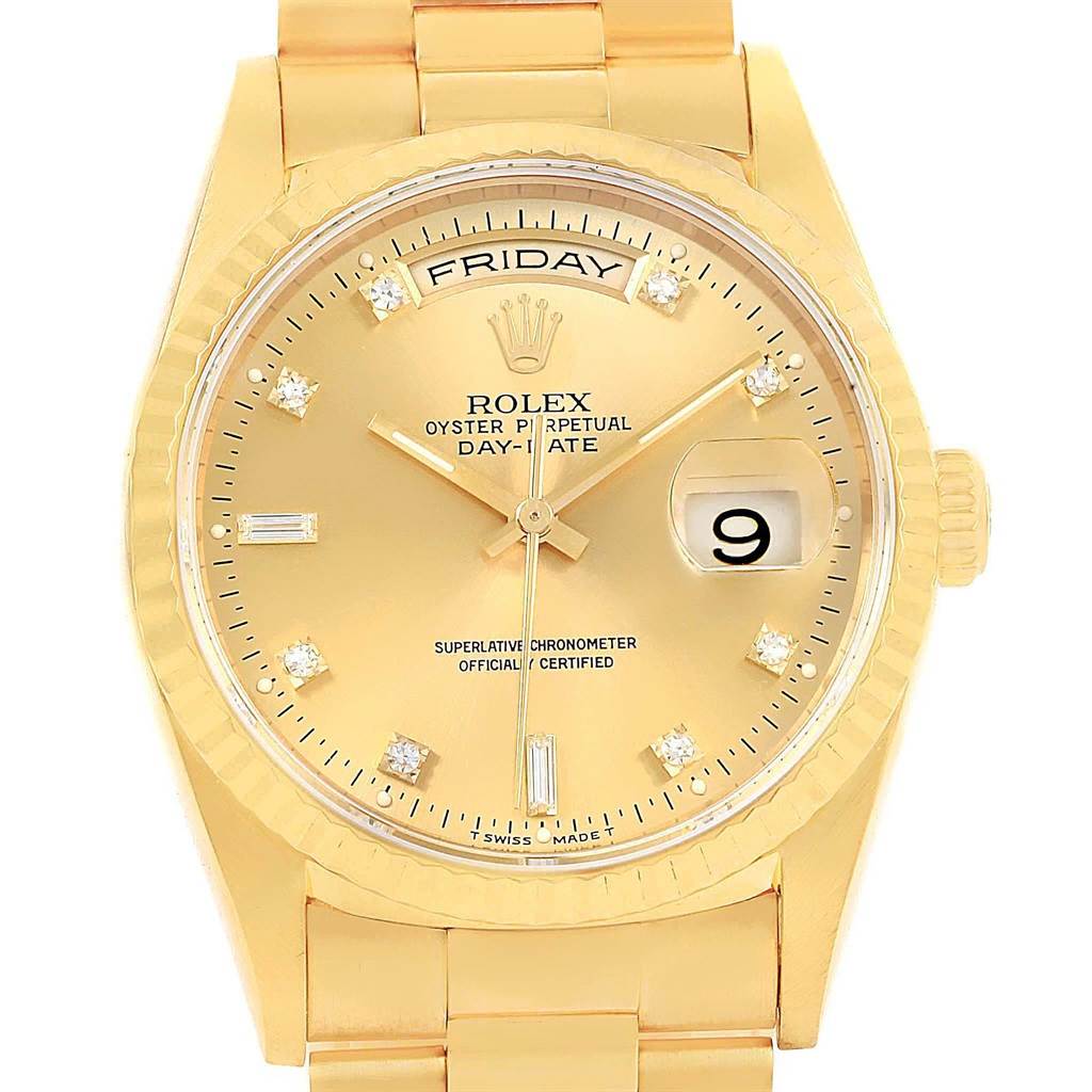 This Rolex President 18238 Men's Stainless Steel Champagne Dial 18238 Men's Stainless Steel Champagne Dial model watch is shown from a front angle, displaying the dial, day and date windows, case, and part of the bracelet.