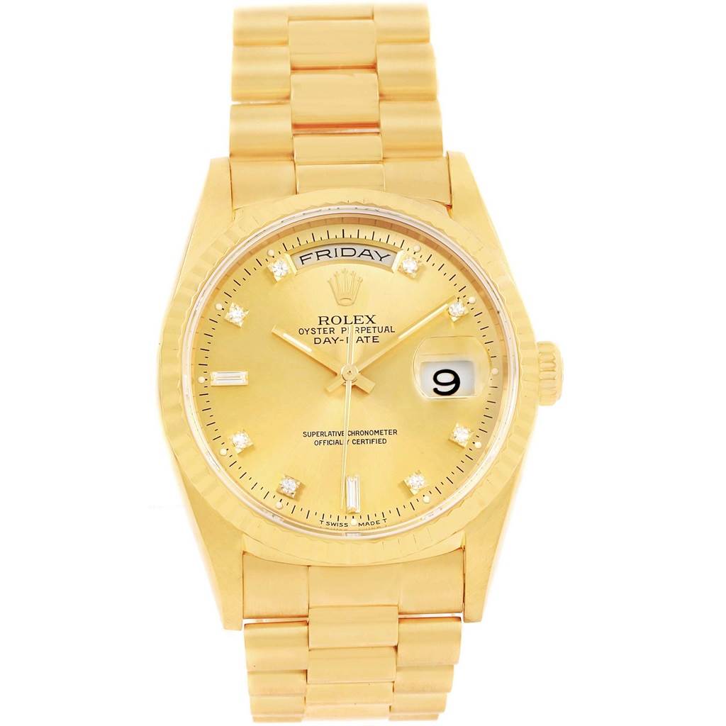 The image shows a Rolex President 17194 Men's Yellow Gold Champagne Dial 17194 Men's Yellow Gold Champagne Dial model watch, displaying the face, bracelet, and crown from a front angle.