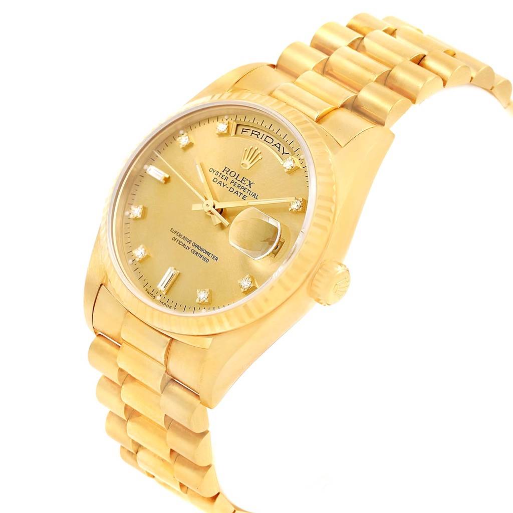 The Rolex President 17194 Men's Yellow Gold Champagne Dial 17194 Men's Yellow Gold Champagne Dial model watch is shown from an angled, slightly top-down view, showcasing the face, bracelet, and crown.