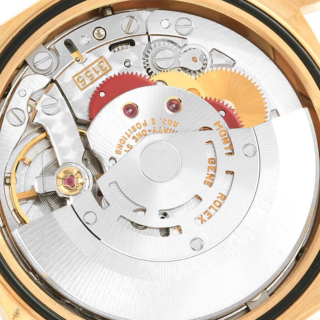 The image shows a close-up view of the movement and internal mechanics of a Rolex President 17194 Men's Yellow Gold Champagne Dial 17194 Men's Yellow Gold Champagne Dial model watch.