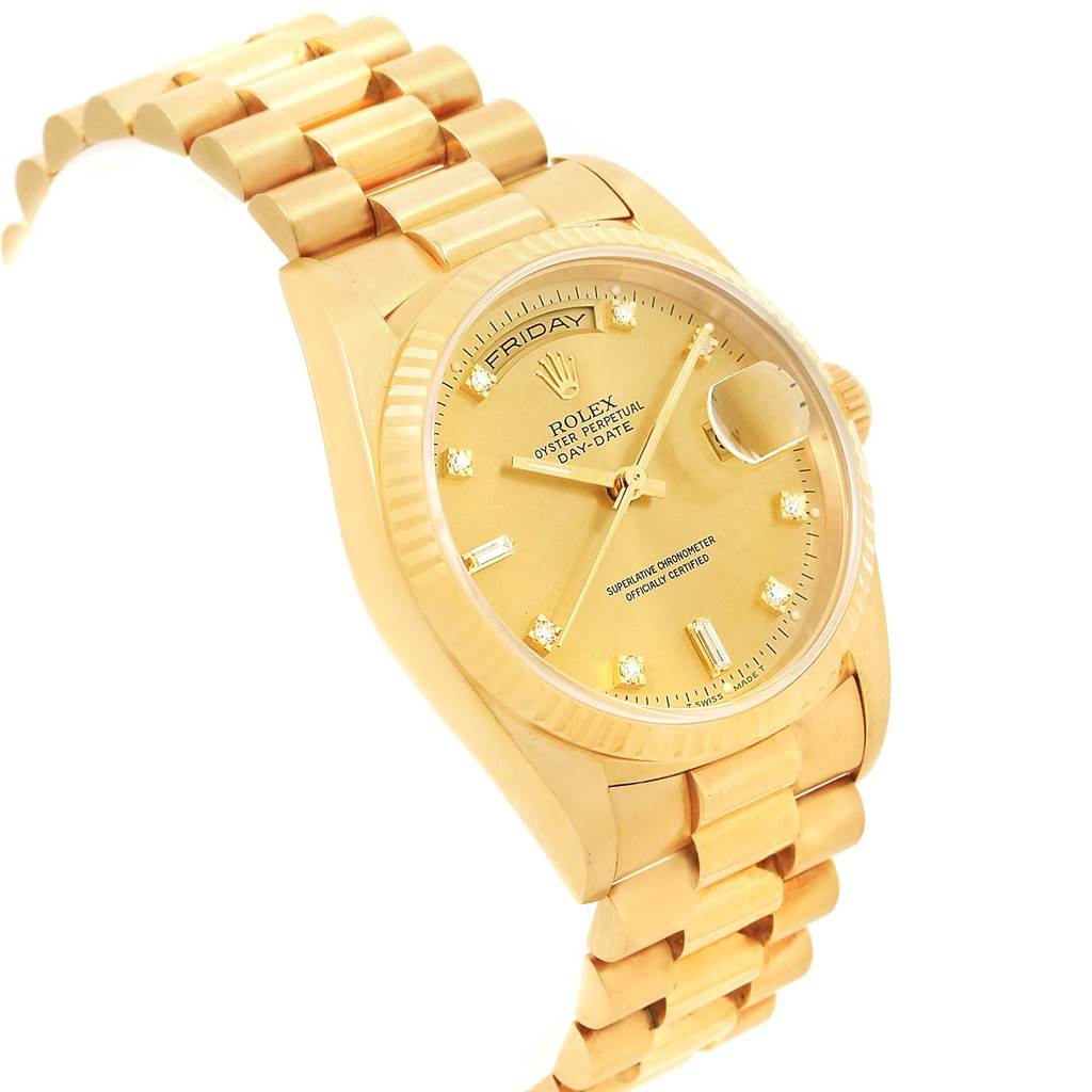 The image shows a side-angle view of a gold Rolex President 17194 Men's Yellow Gold Champagne Dial 17194 Men's Yellow Gold Champagne Dial model watch, displaying its face, bracelet, and crown.