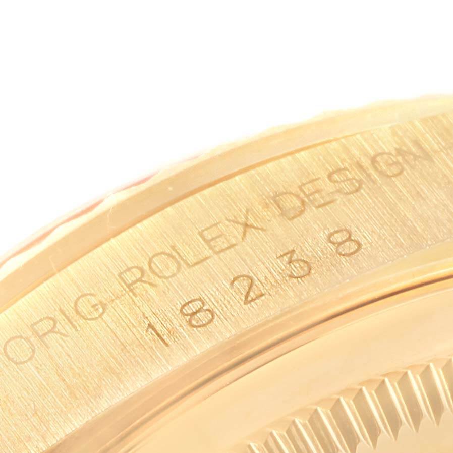 The image shows an angled close-up of the edge of a Rolex President 17194 Men's Yellow Gold Champagne Dial 17194 Men's Yellow Gold Champagne Dial watch, displaying the model number and "ORIG ROLEX DESIGN" engraving.