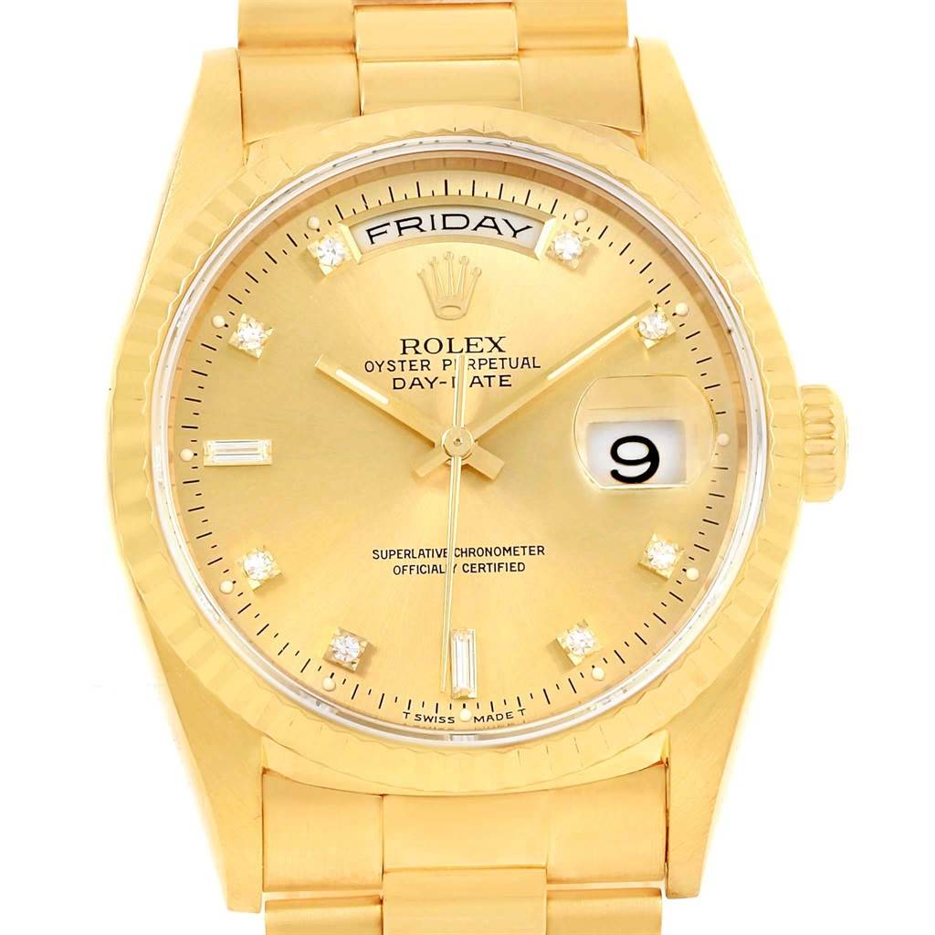The image shows a Rolex President 17194 Men's Yellow Gold Champagne Dial 17194 Men's Yellow Gold Champagne Dial model watch from a front angle with details of the dial, day-date display, and bracelet visible.