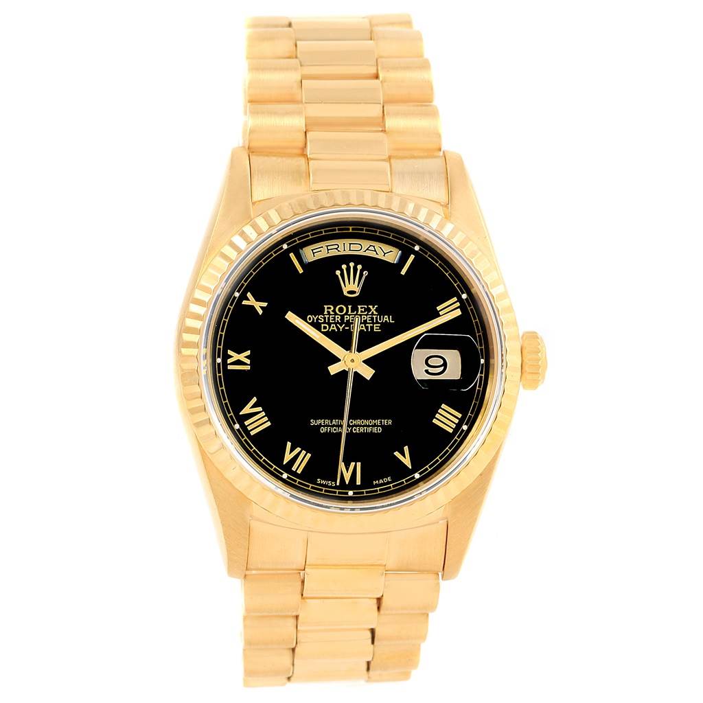 The Rolex President 18238 Men's Yellow Gold Black Dial 18238 Men's Yellow Gold Black Dial model watch is shown from a top-down angle, highlighting its dial, bezel, and band.