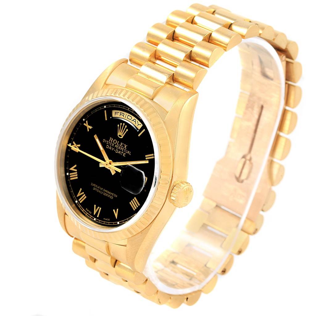 The image shows a Rolex President 18238 Men's Yellow Gold Black Dial 18238 Men's Yellow Gold Black Dial watch with a gold bracelet and black dial, viewed from an angled perspective.