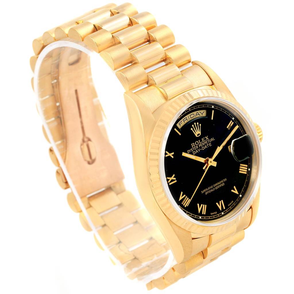 The Rolex President 18238 Men's Yellow Gold Black Dial 18238 Men's Yellow Gold Black Dial model watch is shown at a three-quarter angle, highlighting its black dial, gold bracelet, and bezel.
