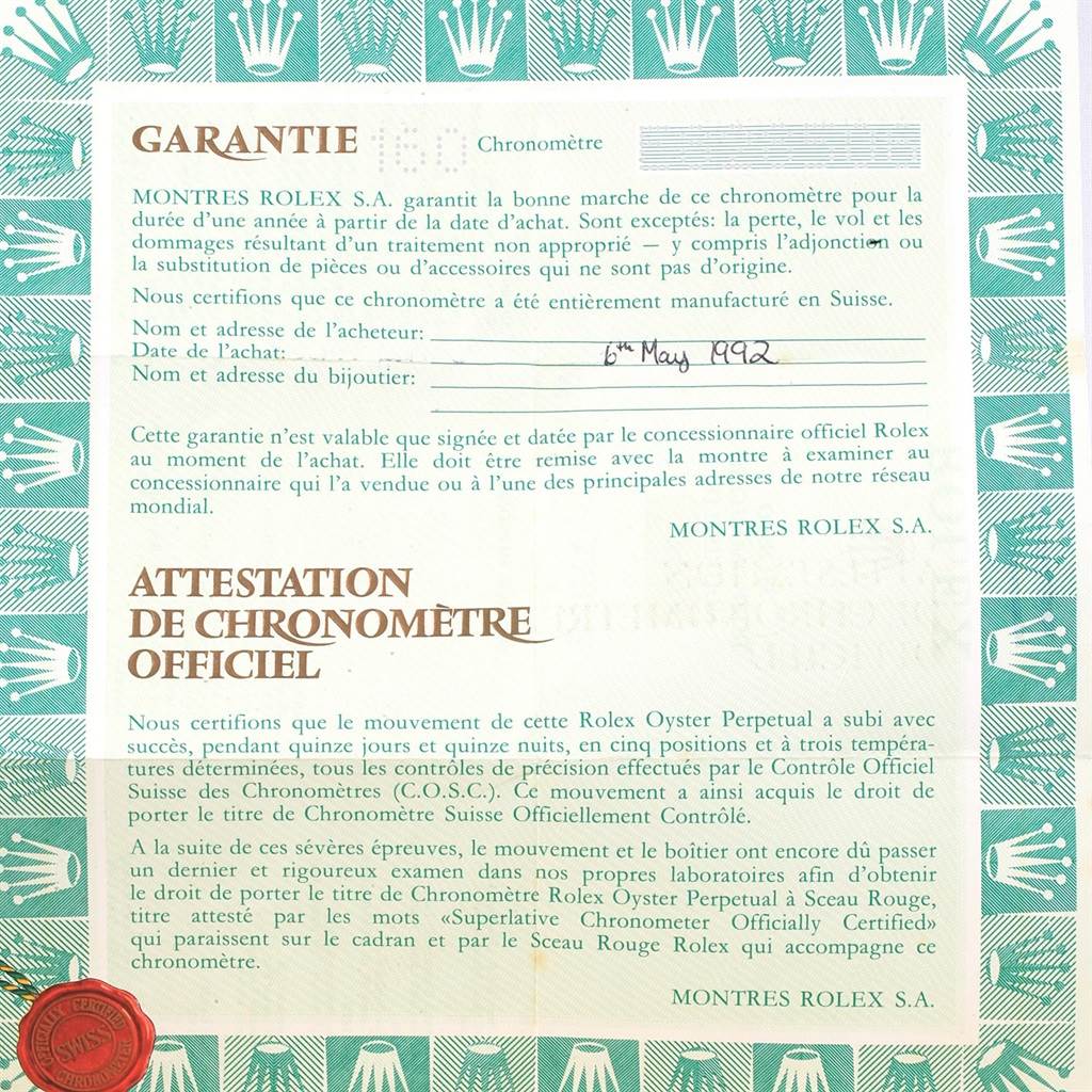 The image shows a warranty and official chronometer certification document for a Rolex President 18238 Men's Yellow Gold Champagne Dial 18238 Men's Yellow Gold Champagne Dial model watch.