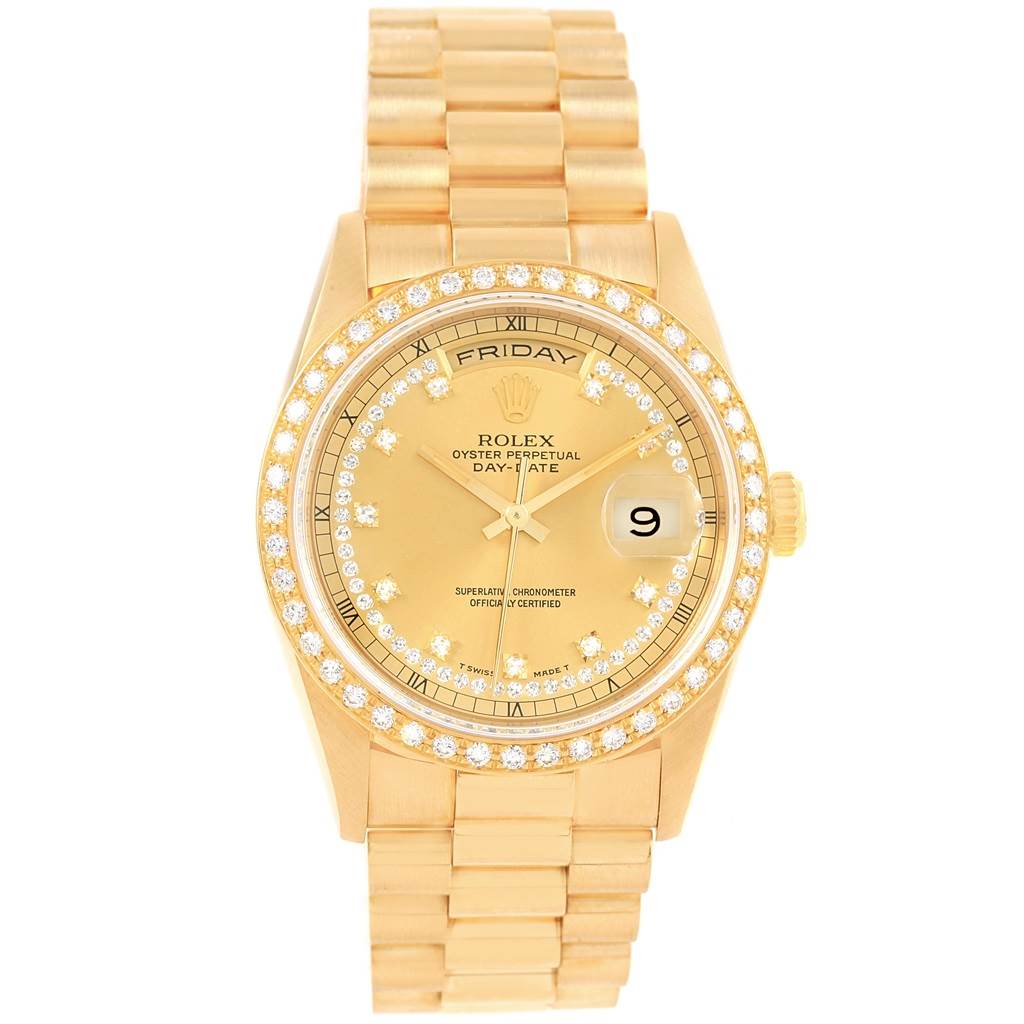 The image shows a front view of a Rolex President 18238 Men's Yellow Gold Champagne Dial 18238 Men's Yellow Gold Champagne Dial model, highlighting its gold dial, diamond bezel, and bracelet.