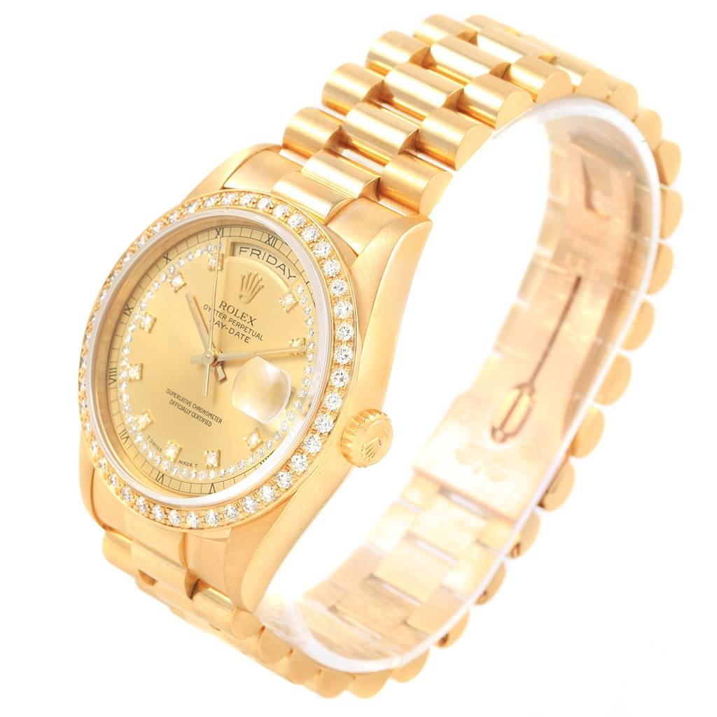 The image shows a Rolex President 18238 Men's Yellow Gold Champagne Dial 18238 Men's Yellow Gold Champagne Dial model watch at a three-quarter angle, highlighting the dial, bezel, and bracelet.