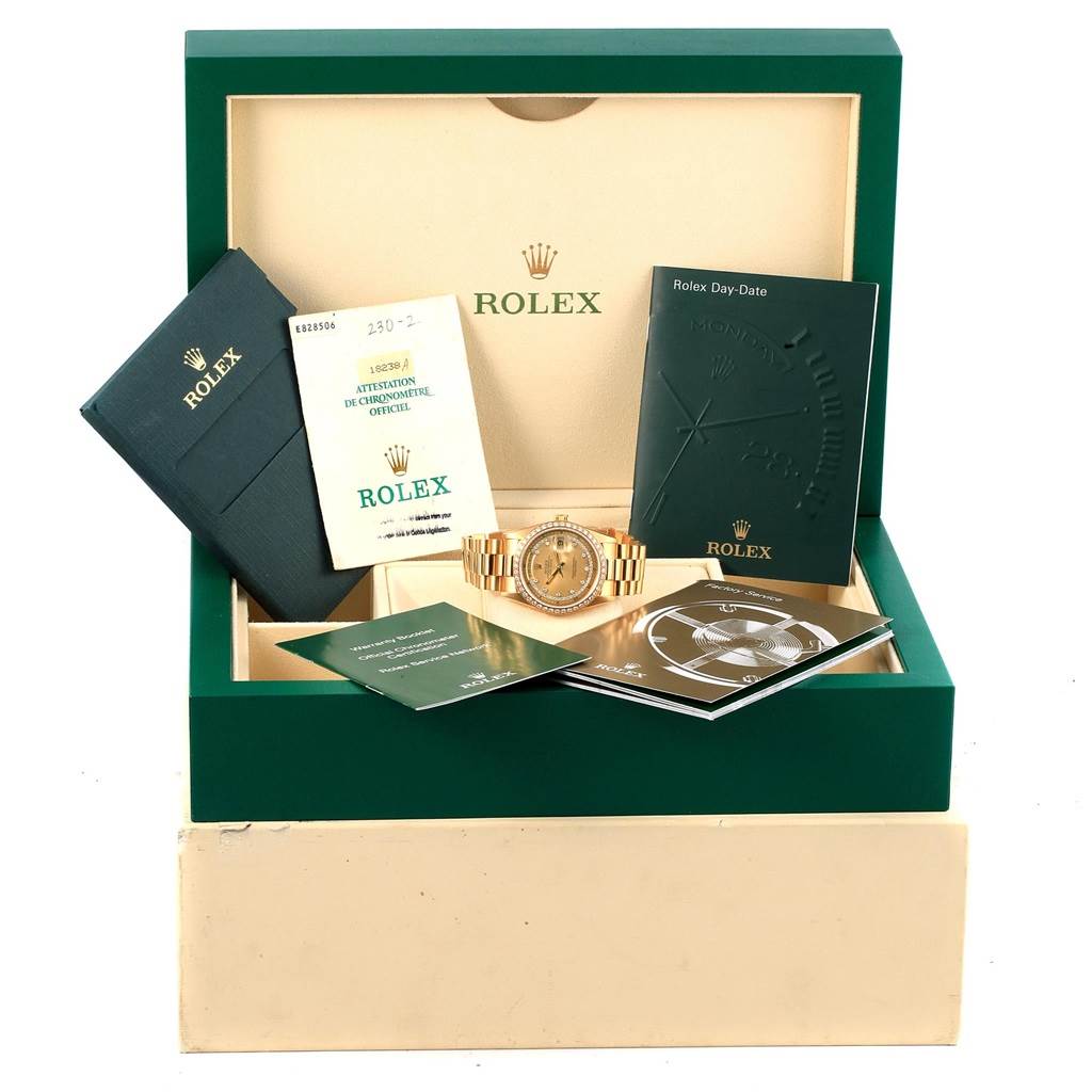 The image shows a Rolex President 18238 Men's Yellow Gold Champagne Dial 18238 Men's Yellow Gold Champagne Dial model watch set in its open box, along with manuals, certificates, and booklets.