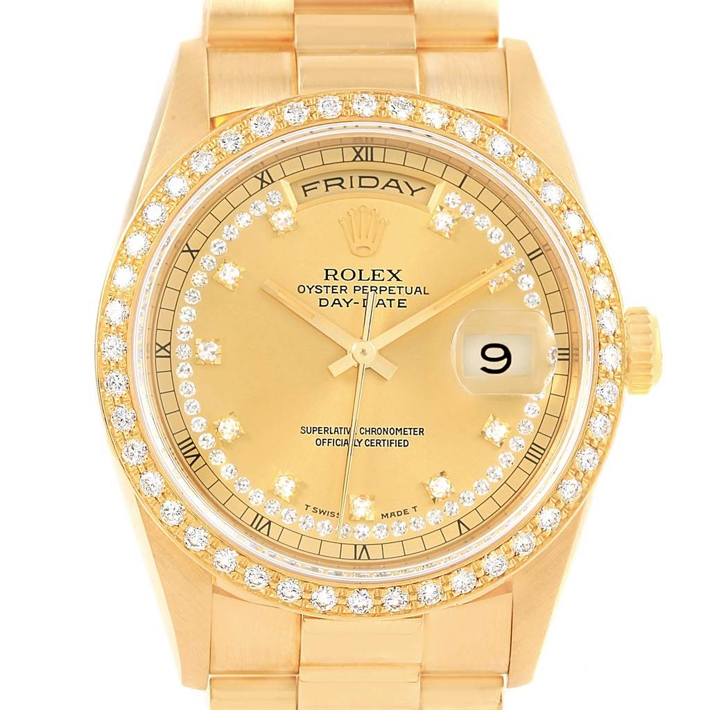 The image shows a front view of the Rolex President 18238 Men's Yellow Gold Champagne Dial 18238 Men's Yellow Gold Champagne Dial model, displaying the dial, bezel, and part of the bracelet.