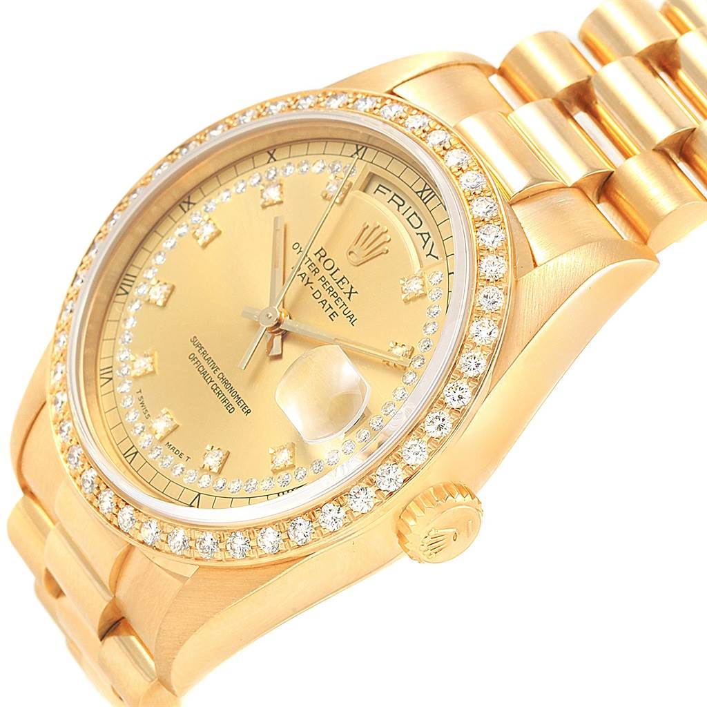 The image shows a close-up, angled view of a Rolex President 18238 Men's Yellow Gold Champagne Dial 18238 Men's Yellow Gold Champagne Dial model watch, highlighting the gold dial, bezel with diamonds, and linked bracelet.