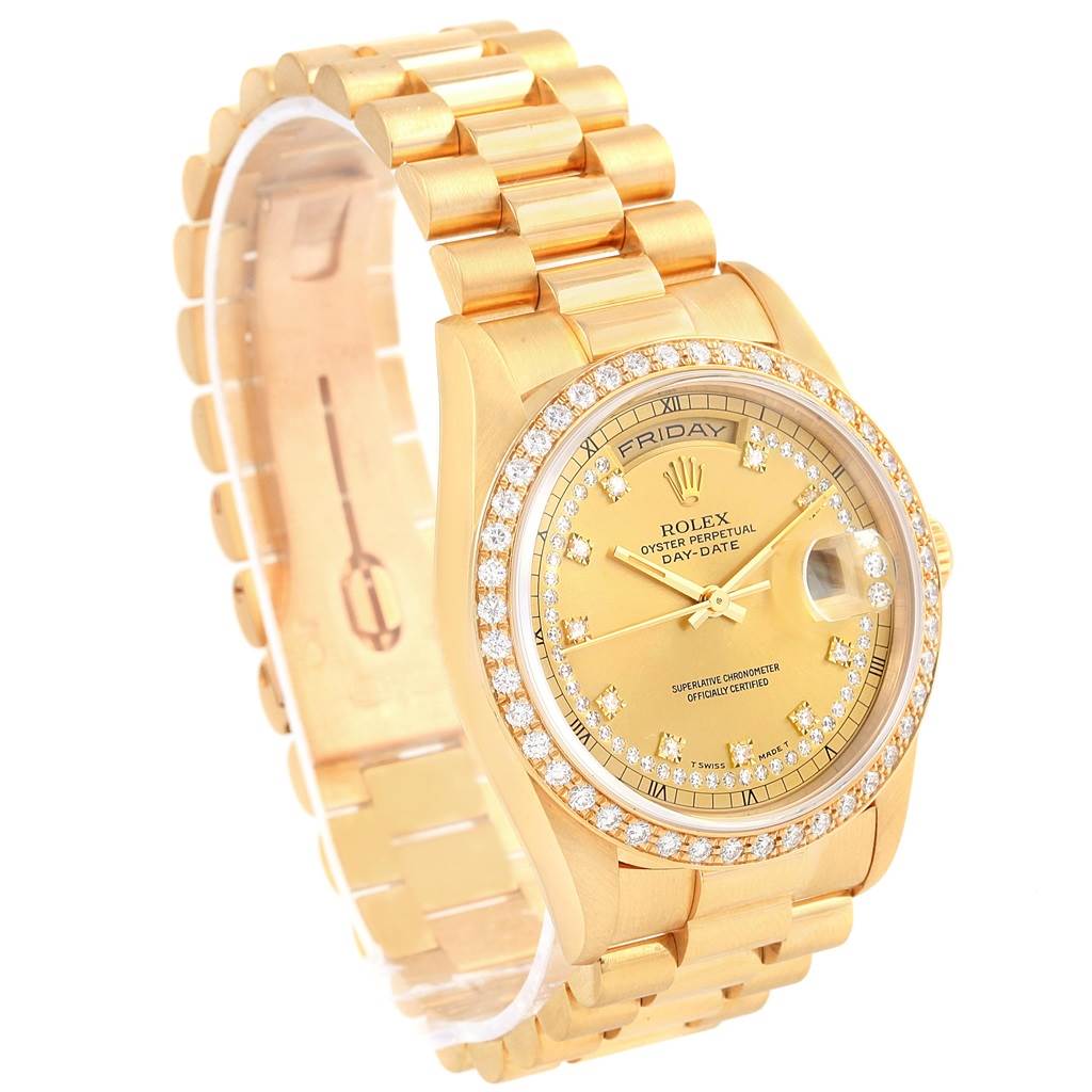 The image shows a Rolex President 18238 Men's Yellow Gold Champagne Dial 18238 Men's Yellow Gold Champagne Dial model watch at an angled view, displaying the face, bezel, and part of the bracelet.