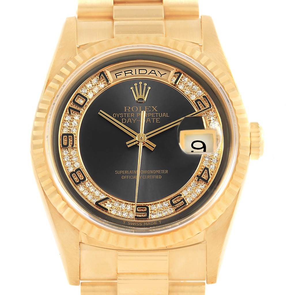 This image shows a gold Rolex President 18238 Men's Yellow Gold Brown Dial 18238 Men's Yellow Gold Brown Dial Day-Date watch from a front angle, highlighting its face, bracelet, and bezel.