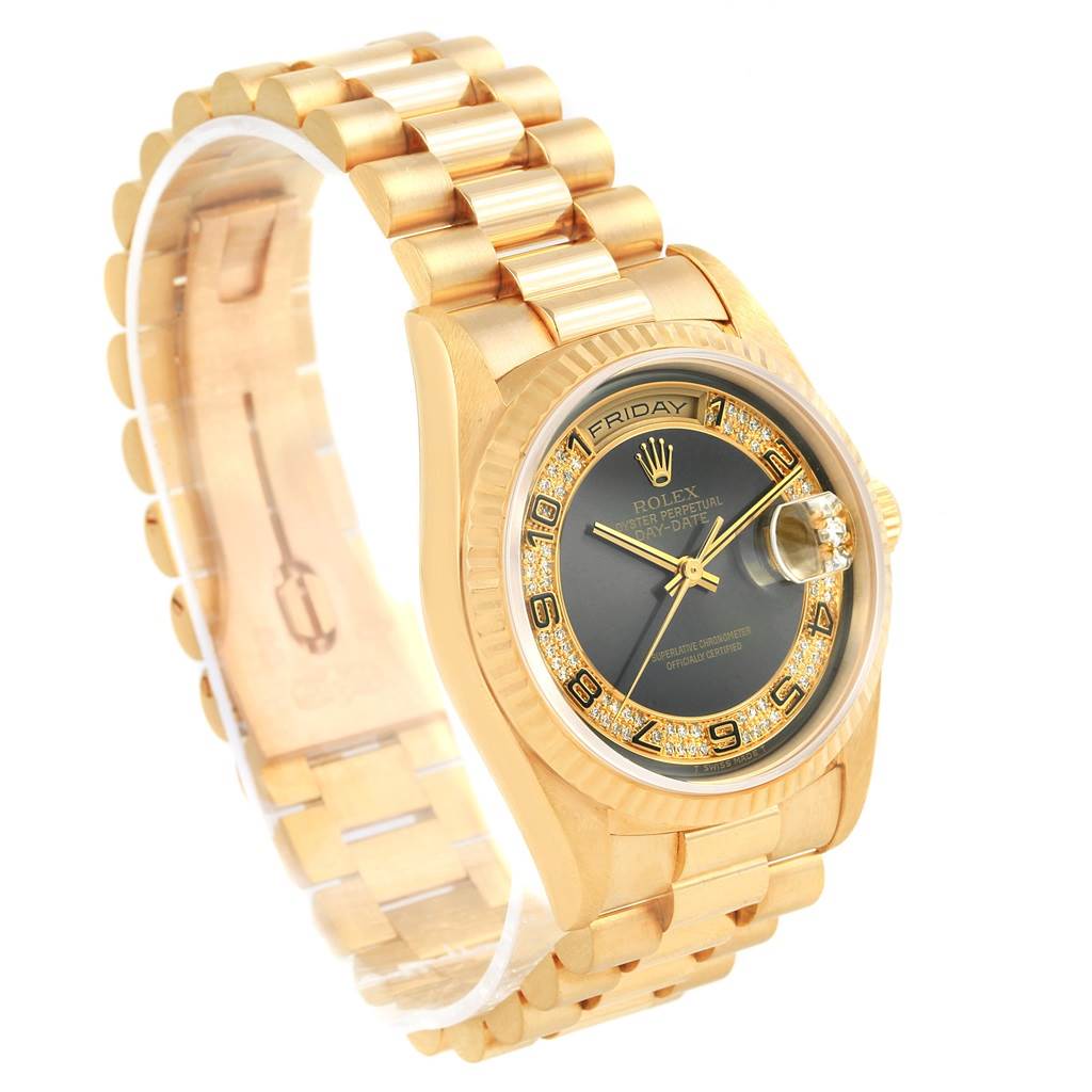 The image shows a side and front angle of the Rolex President 18238 Men's Yellow Gold Brown Dial 18238 Men's Yellow Gold Brown Dial watch featuring gold links and a detailed dial with a date display.