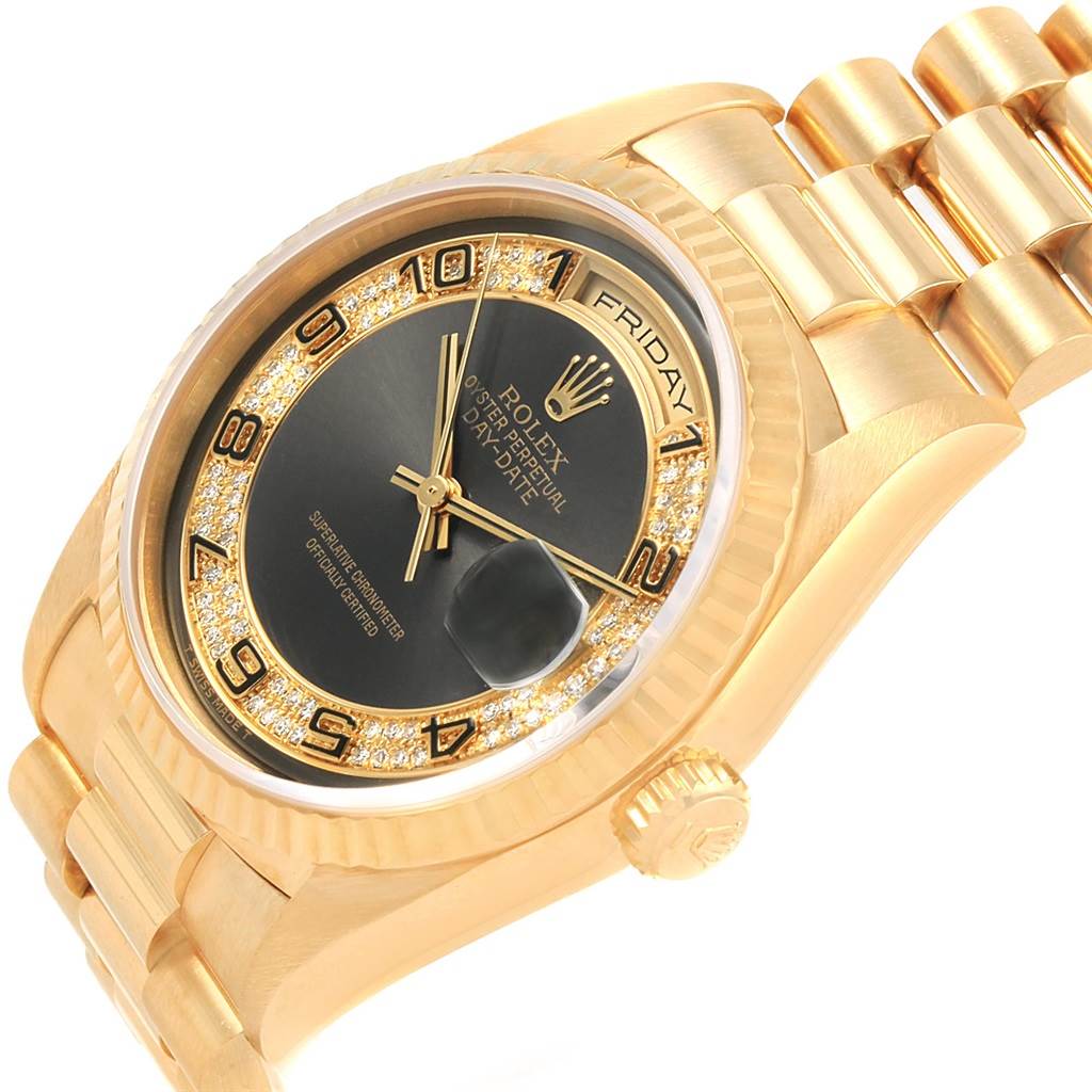 This is a close-up angled view of a Rolex President 18238 Men's Yellow Gold Brown Dial 18238 Men's Yellow Gold Brown Dial watch, showing the face, bracelet, crown, and part of the case.