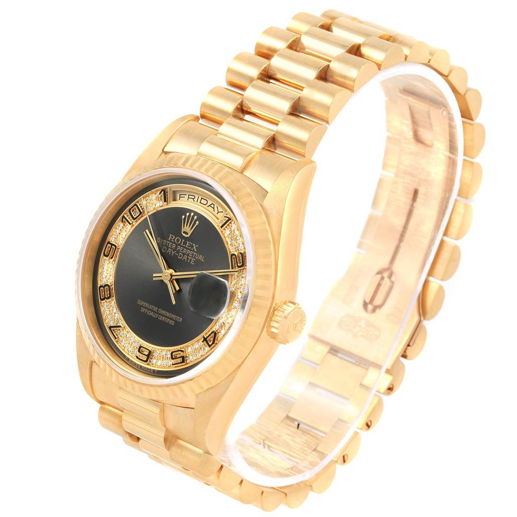 The image shows a Rolex President 18238 Men's Yellow Gold Brown Dial 18238 Men's Yellow Gold Brown Dial model watch at a 3/4 angle, highlighting the face, bracelet, and crown.