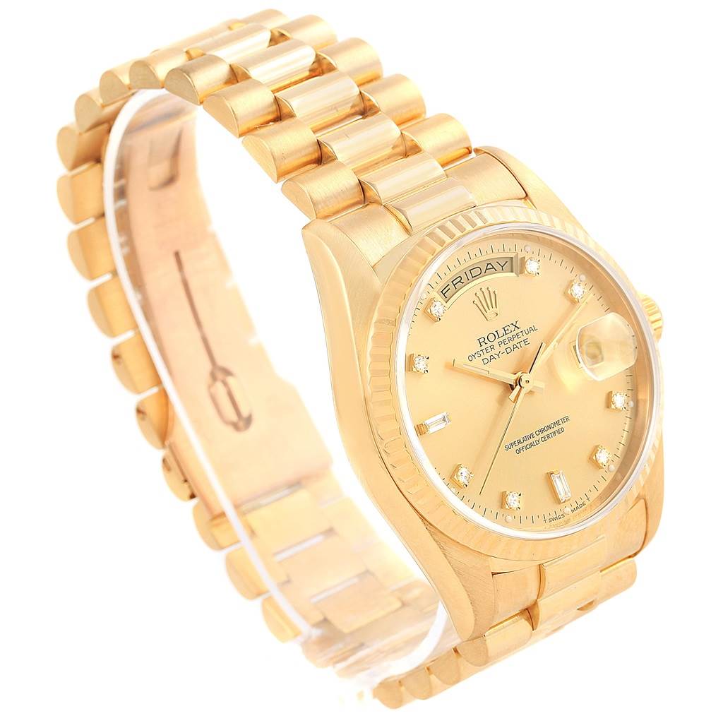 This image shows the Rolex President 18238 Men's Yellow Gold Champagne Dial 18238 Men's Yellow Gold Champagne Dial model watch at an angle, highlighting the gold case, dial, and bracelet.