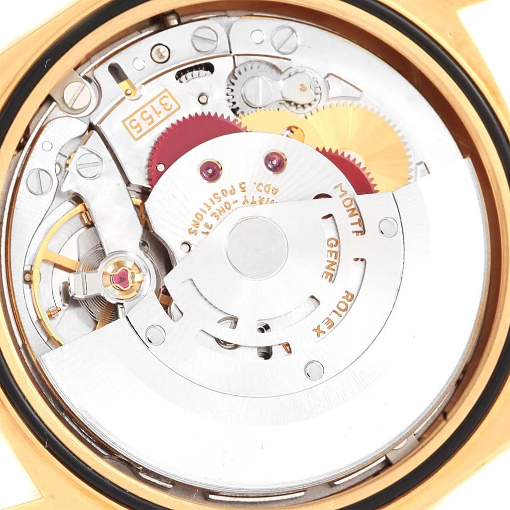 This image shows a close-up view of the inner movement mechanism of a Rolex President 18238 Men's Yellow Gold Champagne Dial 18238 Men's Yellow Gold Champagne Dial model watch.
