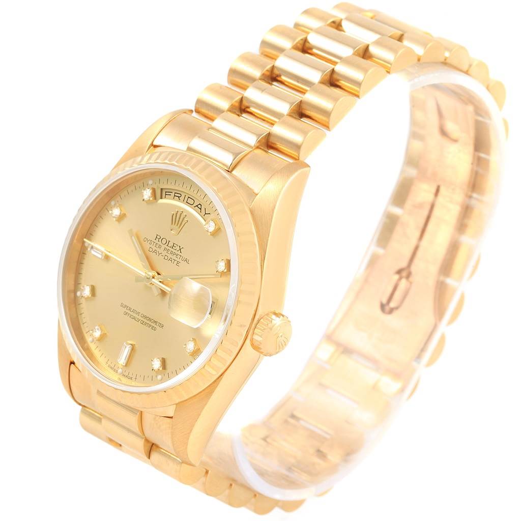 The Rolex President 18238 Men's Yellow Gold Champagne Dial 18238 Men's Yellow Gold Champagne Dial model watch is shown at a three-quarter angle, highlighting the dial, bezel, crown, and part of the bracelet.