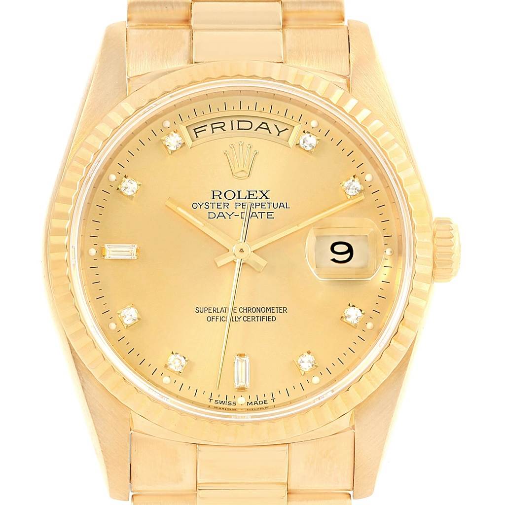 The image shows a front view of a Rolex President 18238 Men's Yellow Gold Champagne Dial 18238 Men's Yellow Gold Champagne Dial model, highlighting its gold dial, diamond hour markers, and date window.