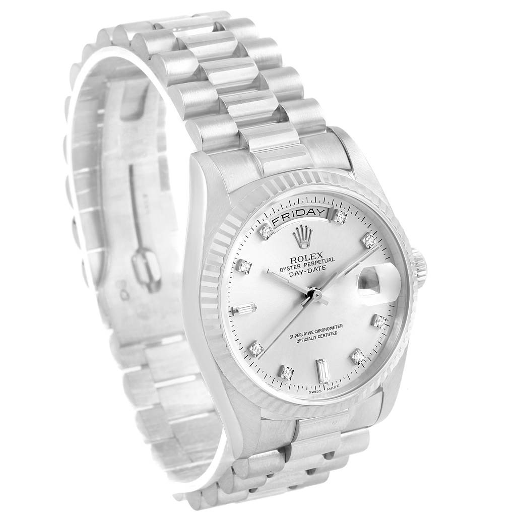 The image shows a Rolex President 18239 Men's White Gold Silver Dial 18239 Men's White Gold Silver Dial model watch from a three-quarter angle, highlighting the dial, bezel, and bracelet.