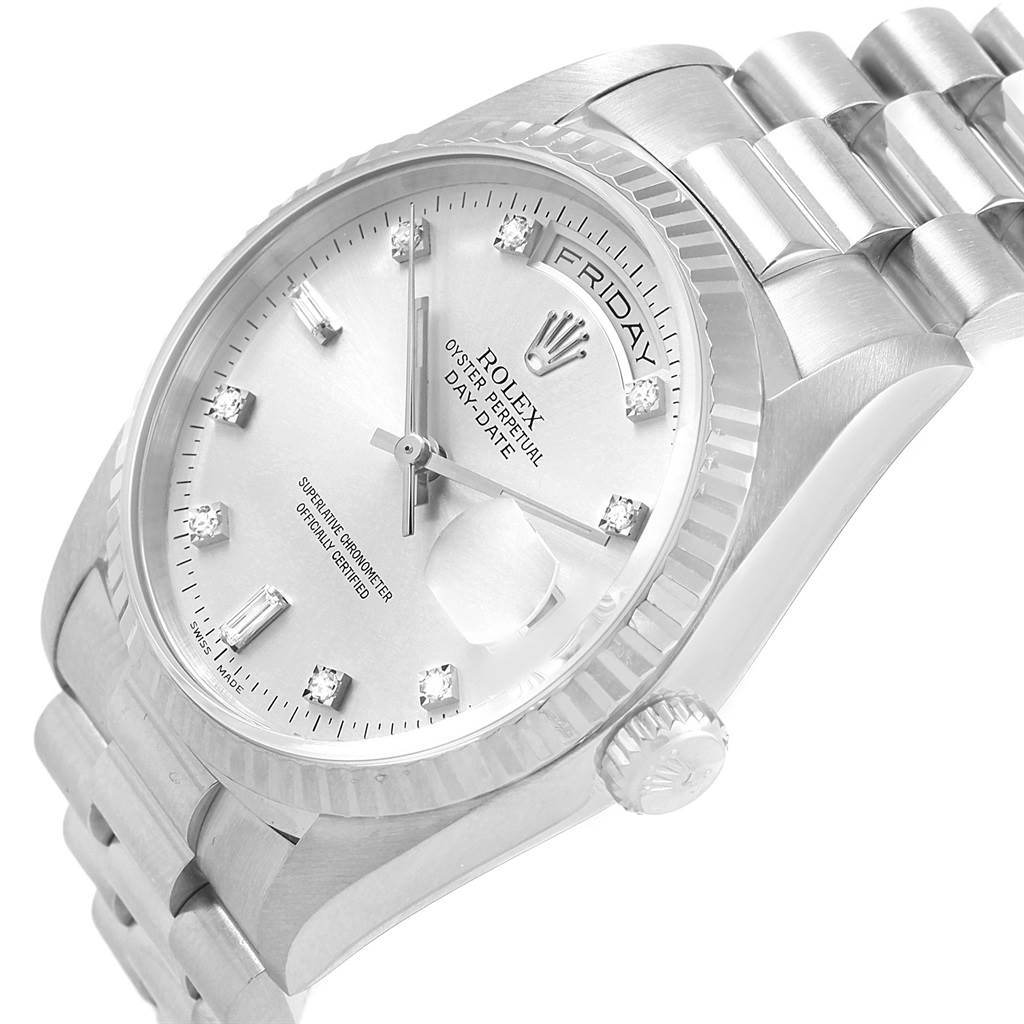 This image shows a Rolex President 18239 Men's White Gold Silver Dial 18239 Men's White Gold Silver Dial model watch at a three-quarter angle, highlighting the watch face, crown, and part of the bracelet.