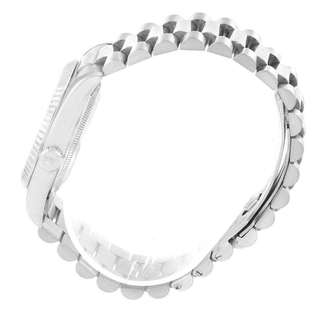 The image shows a side view of the band and case of a Rolex President 18239 Men's White Gold Silver Dial 18239 Men's White Gold Silver Dial model watch.