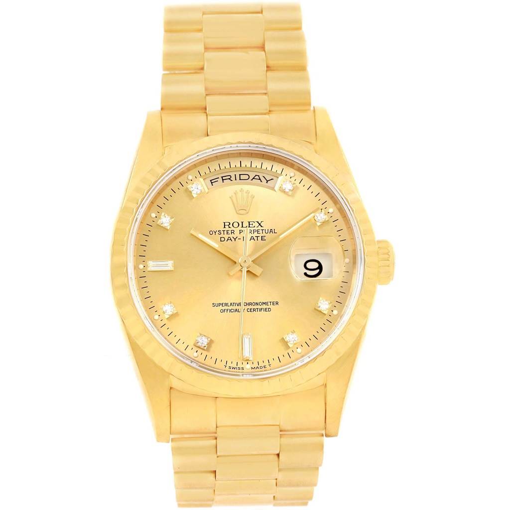 The image shows a front view of a Rolex President 18238 Men's Yellow Gold Champagne Dial 18238 Men's Yellow Gold Champagne Dial model watch, featuring its golden dial, day-date display, and bracelet.