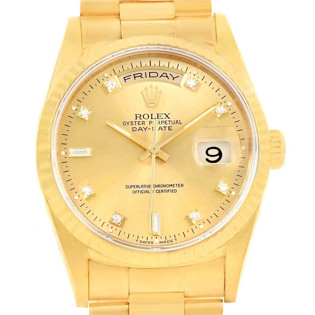 The image shows a full frontal view of a gold Rolex President 18238 Men's Yellow Gold Champagne Dial 18238 Men's Yellow Gold Champagne Dial model watch, featuring the day and date display.