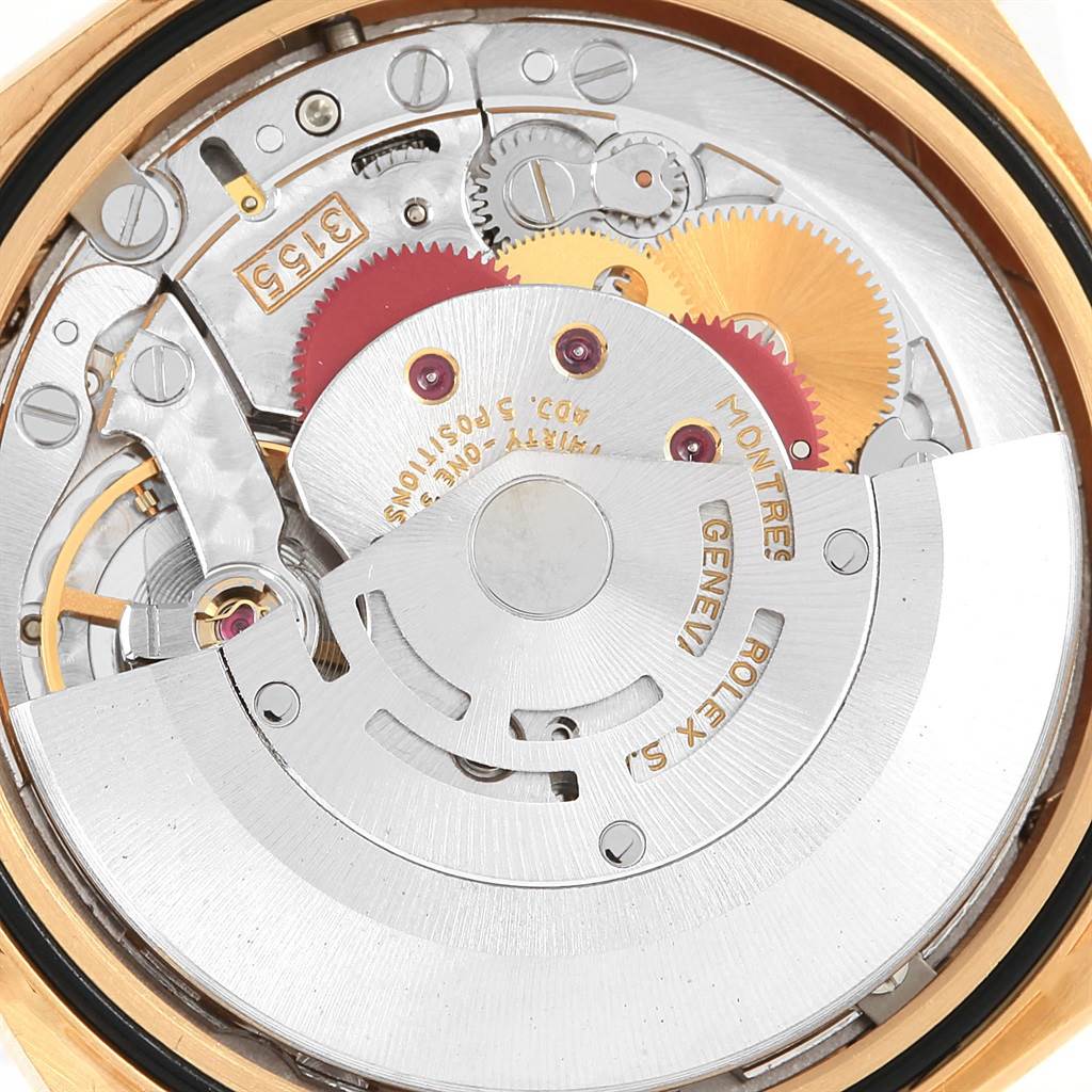 This image shows the movement mechanism of the Rolex President 18238 Men's Yellow Gold Champagne Dial 18238 Men's Yellow Gold Champagne Dial model watch, viewed from a back angle.