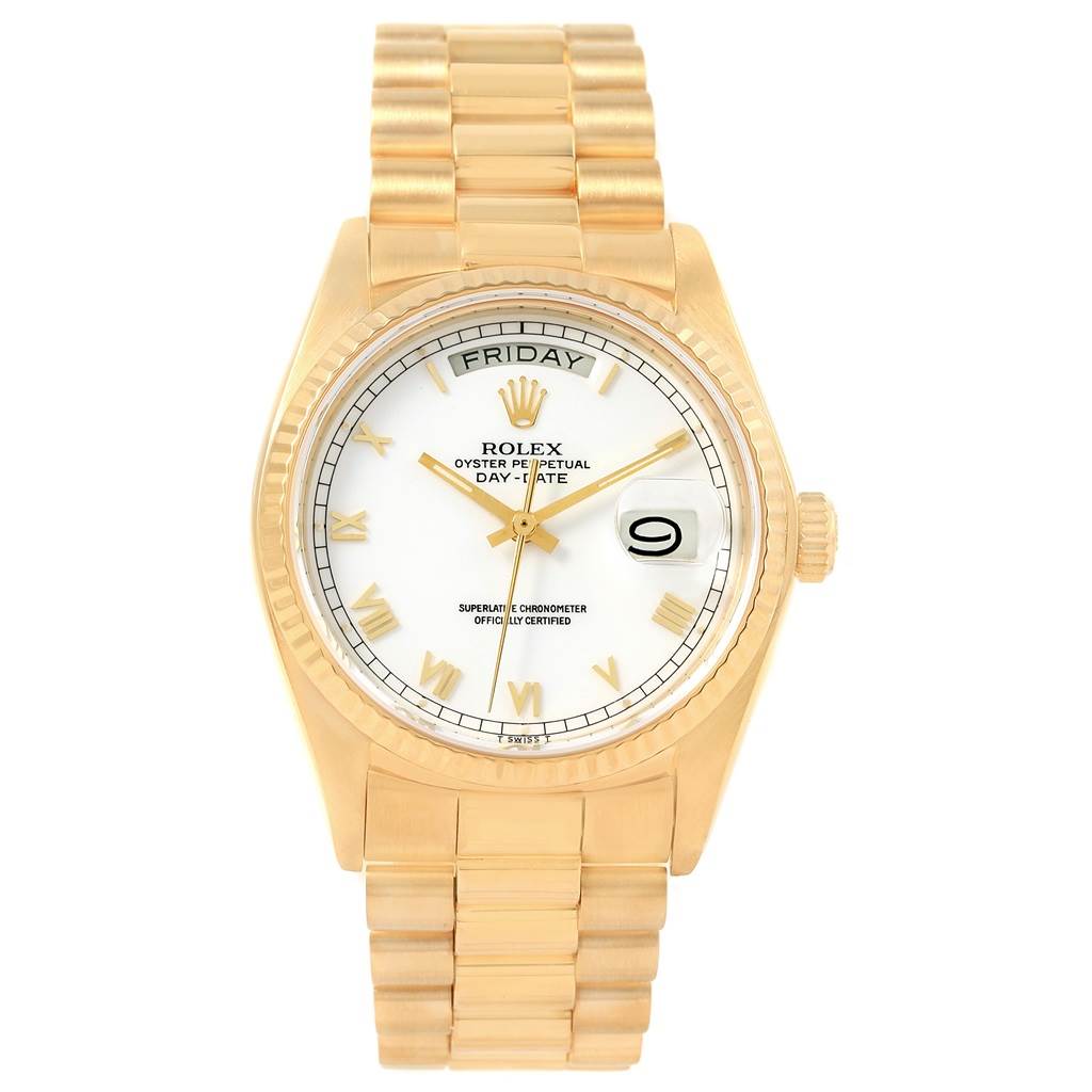 This image shows a Rolex President 18038 Men's Yellow Gold White Dial 18038 Men's Yellow Gold White Dial model watch from a front angle, displaying the dial, bracelet, and day-date function.