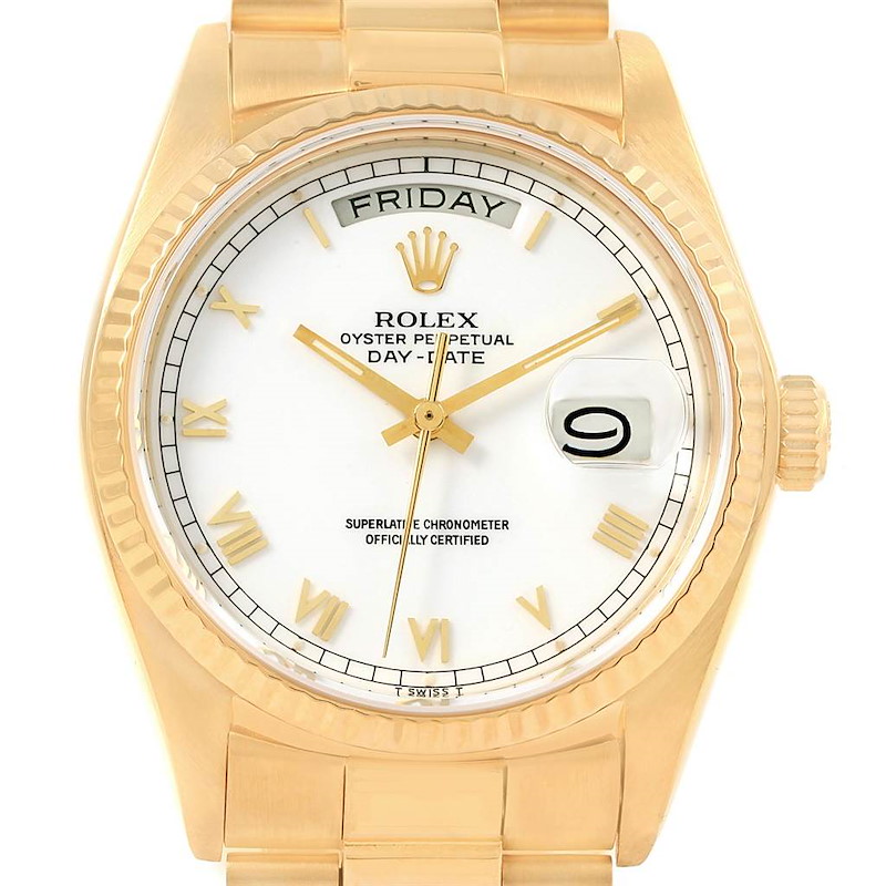 Rolex President Day-Date Yellow Gold White Roman Dial Watch 18038 SwissWatchExpo